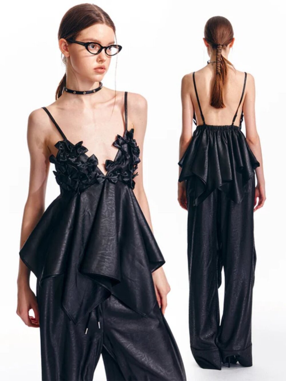 ALINNV STUDIO Black Bow Motif Plunging Neck Asymmetrical Cami Top Size Medium